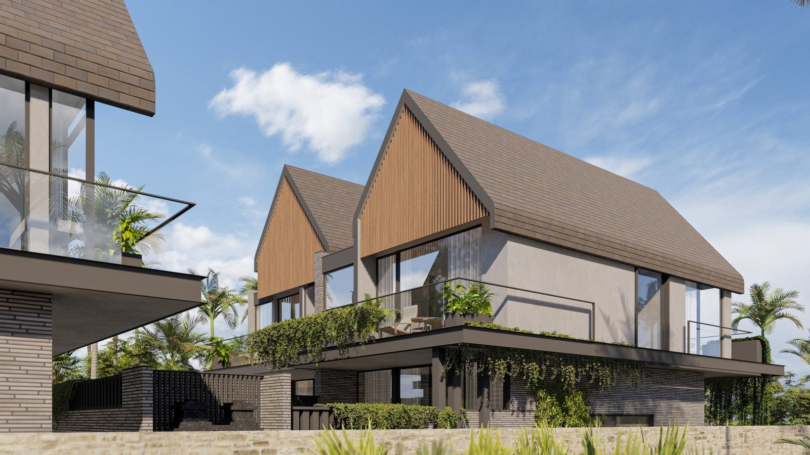 Architectural render of the four villas at Four Palms seen together