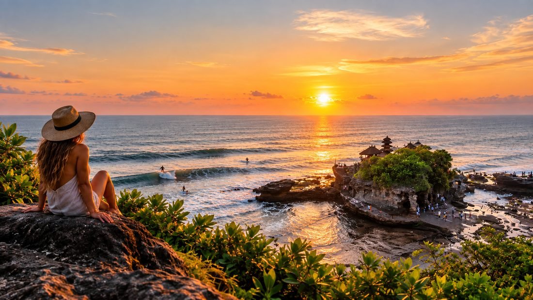 An illustration of a person watching the sunset over Tanah Lot temple, Bali