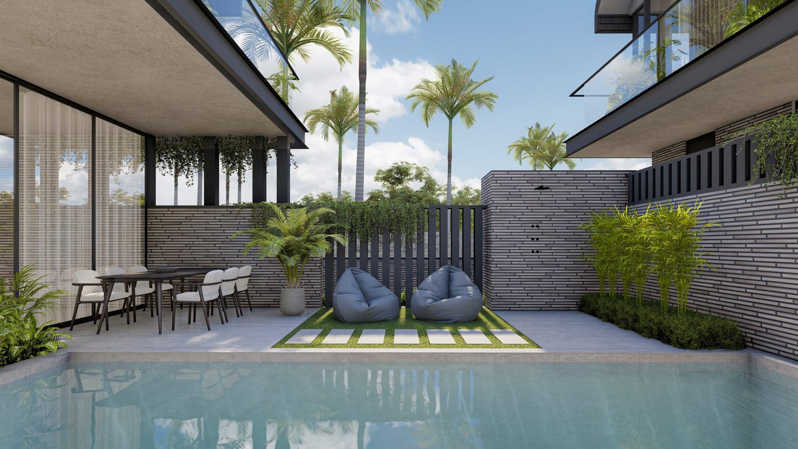Render of the courtyard at Villa 1