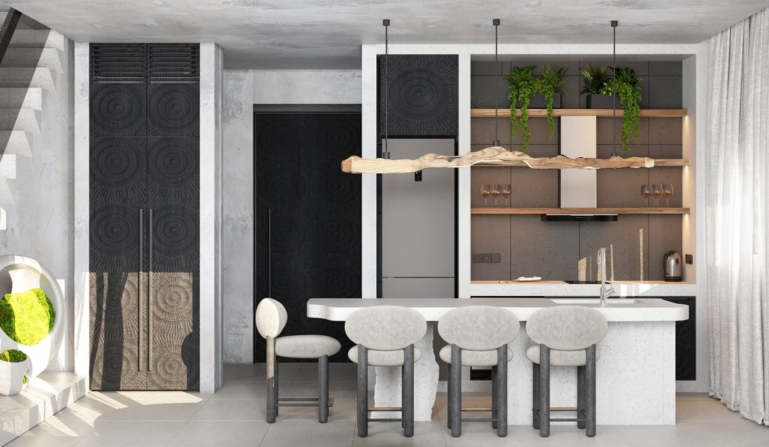Render of the equipped kitchen and dining area in a Four Palms villa
