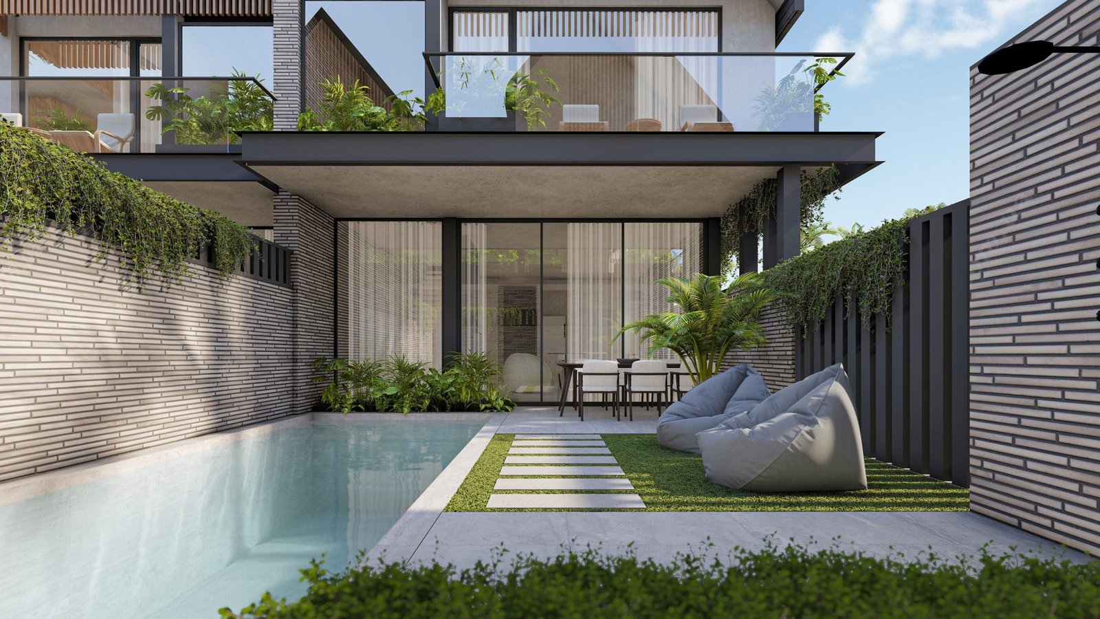 Render of the private pool, terrace and facade at Villa 1, Four Palms