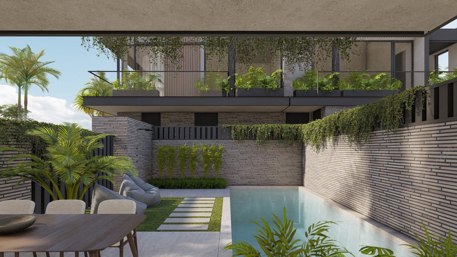 Render of the private pool and courtyard at Villa 1, Four Palms