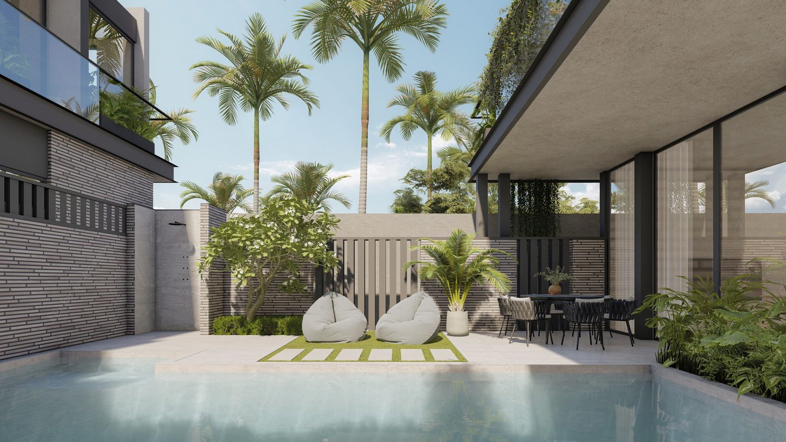 Render of the courtyard at Villa 2