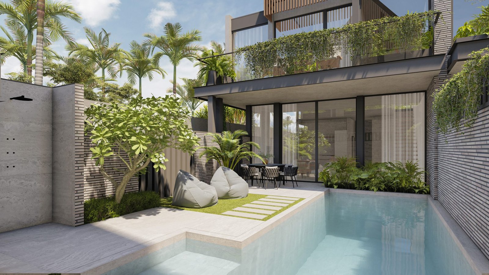 Render of the private pool and courtyard at Villa 2, Four Palms