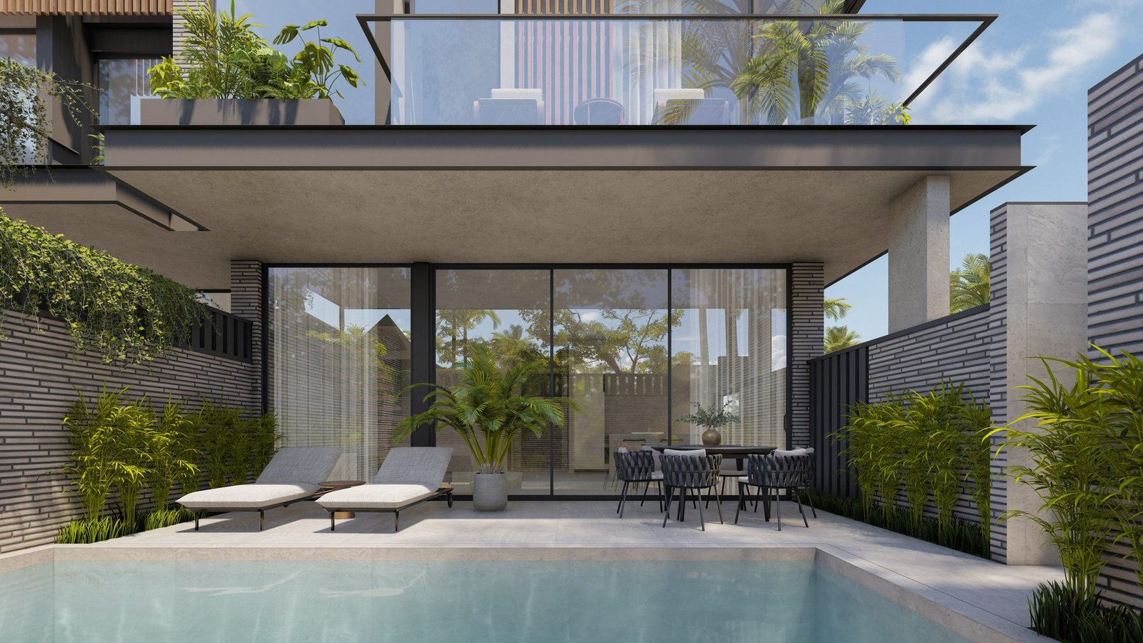 Render of the courtyard at Villa 3