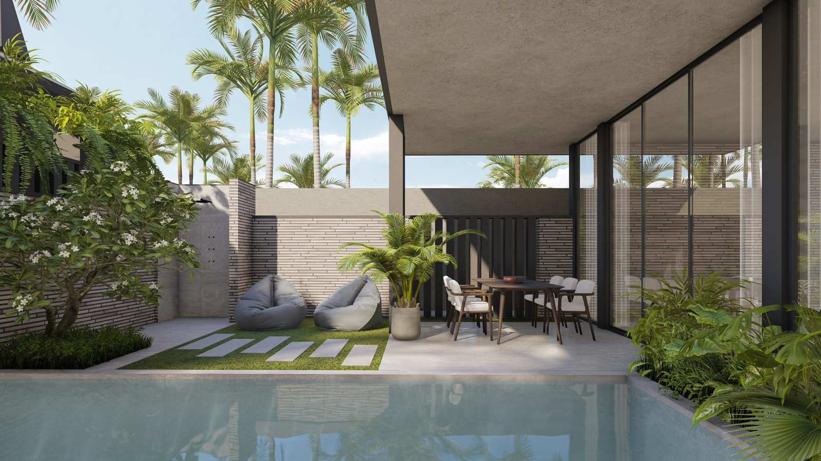 Render of the courtyard at Villa 4