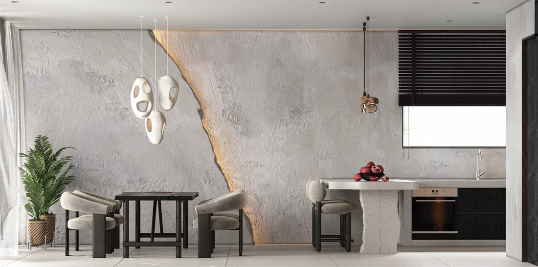 Render of the equipped kitchen in Villa 4